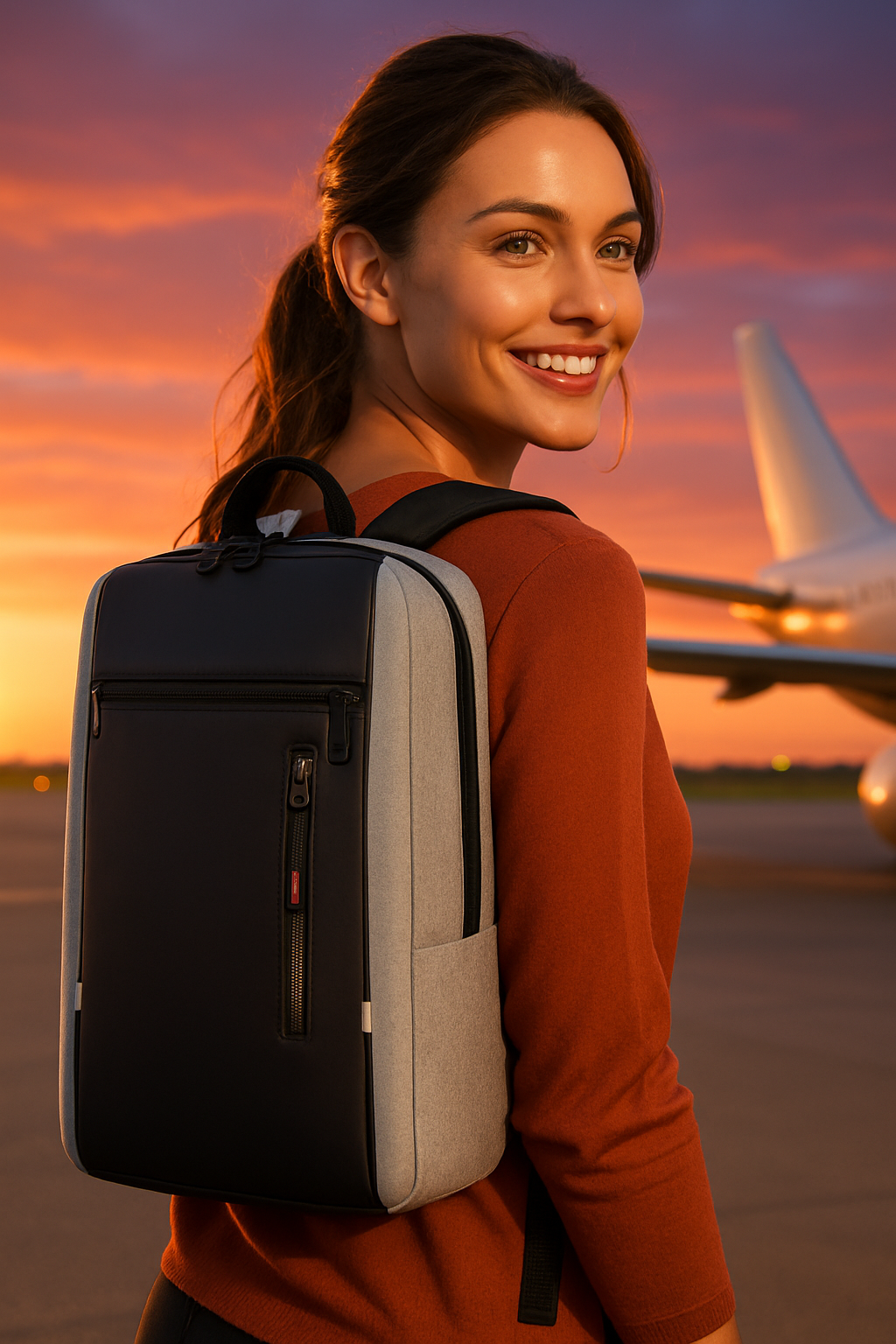 sac a dos cabine femme au coucher du soleil