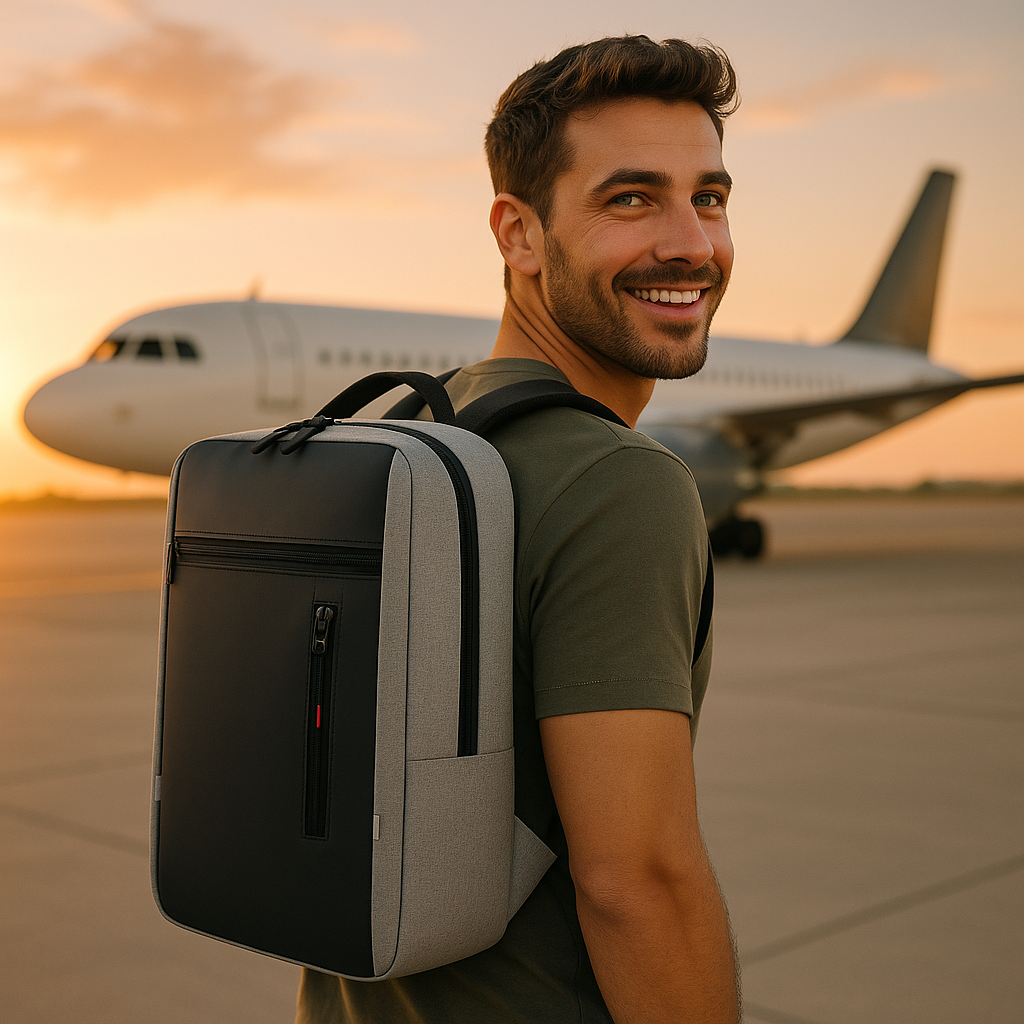 sac a dos cabine homme près d'une avion