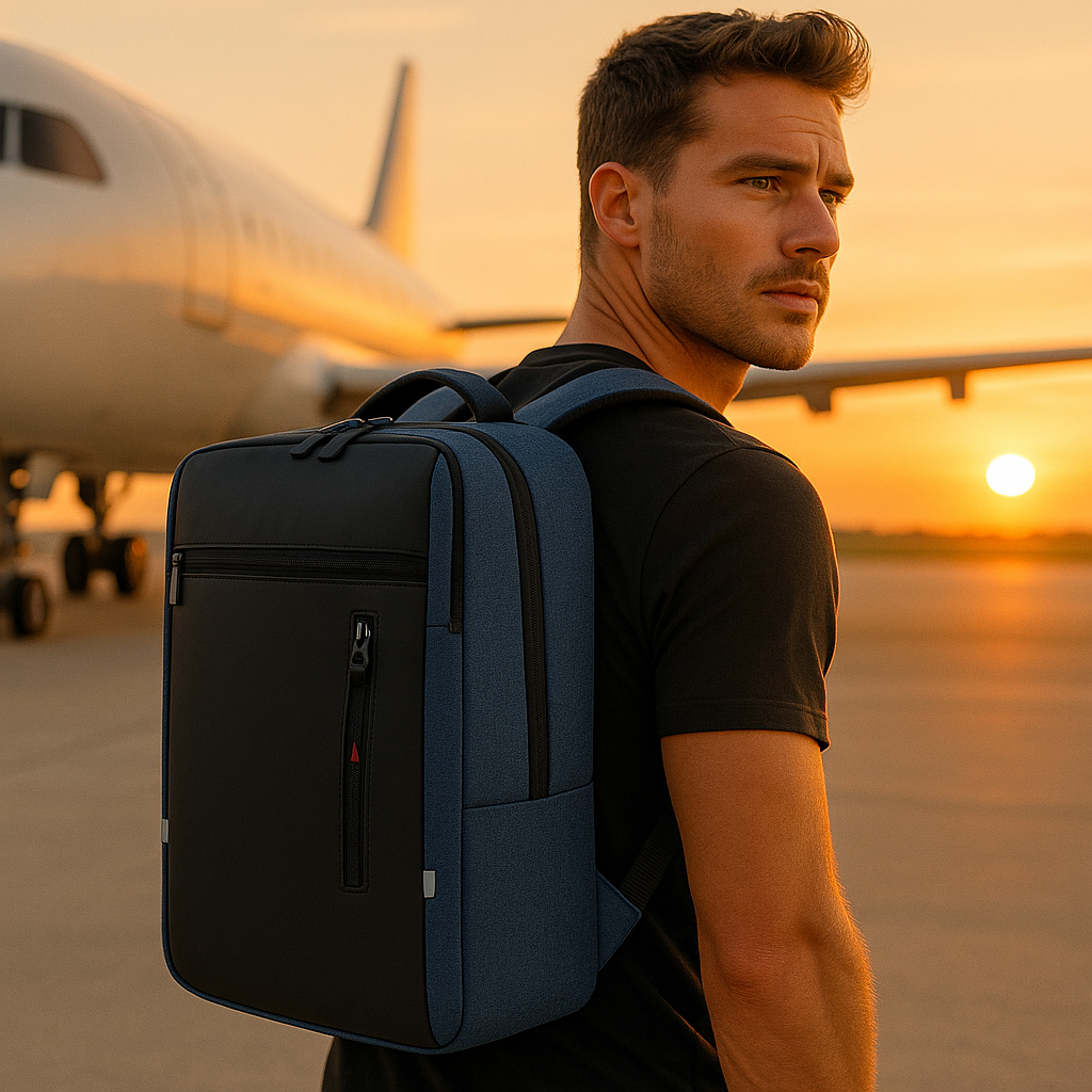 sac a dos cabine homme pres d'une avion