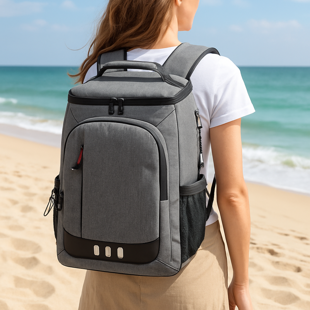 sac à dos isotherme gris femme à la plage