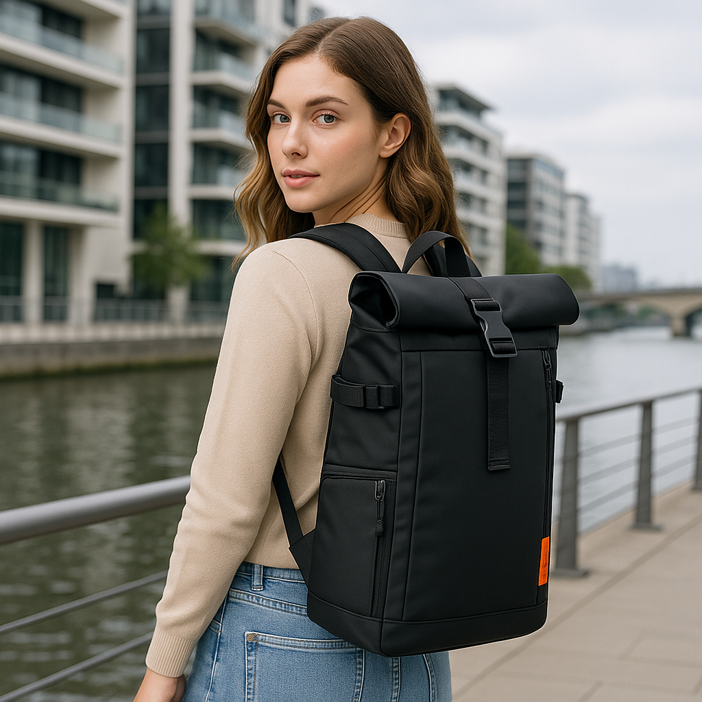 SAC A DOS VOYAGE sur femme près de la rivière
