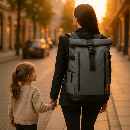 SAC A DOS VOYAGE sur le dos d'une maman tenant sa fille par la main