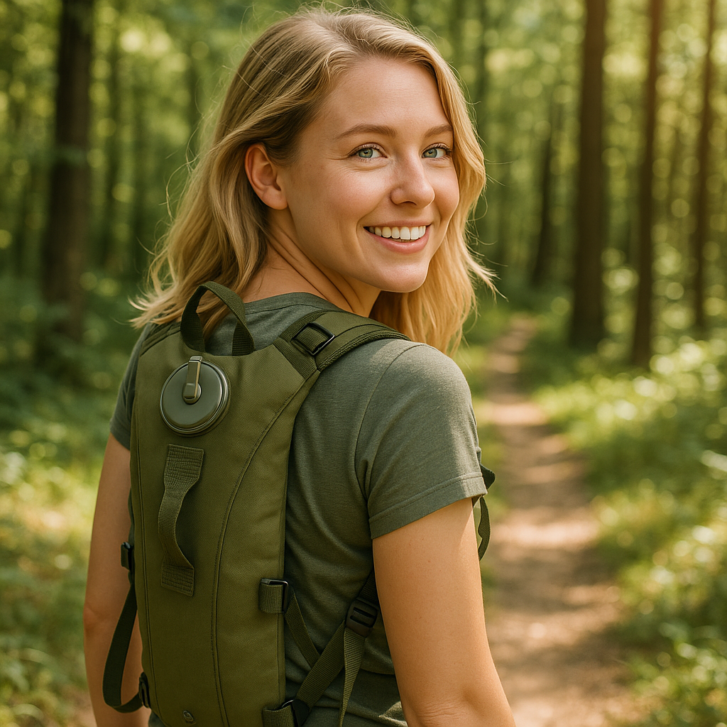sac d'hydratation vert femme dans la forêt