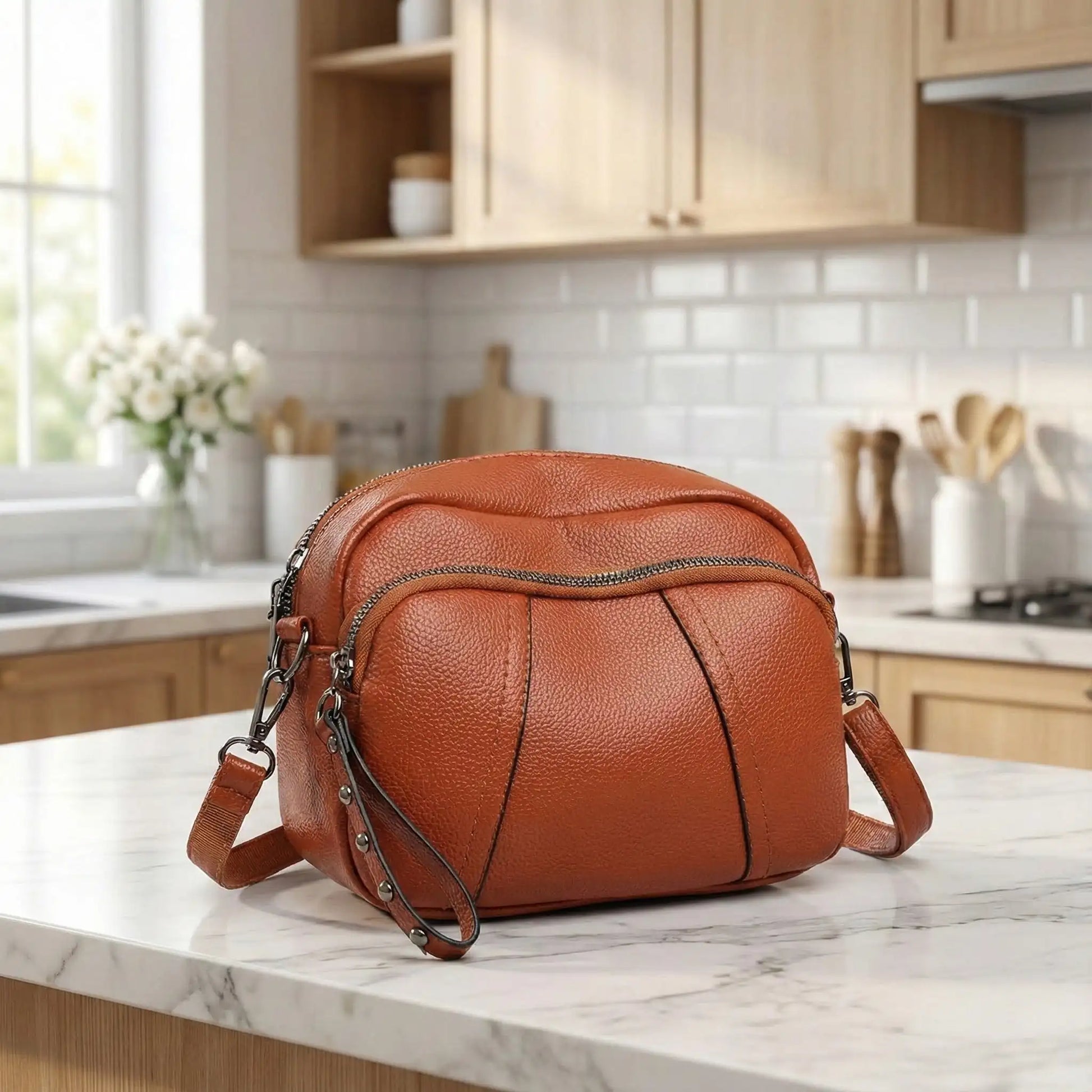 sacoche brune en cuir synthétique dans une cuisine