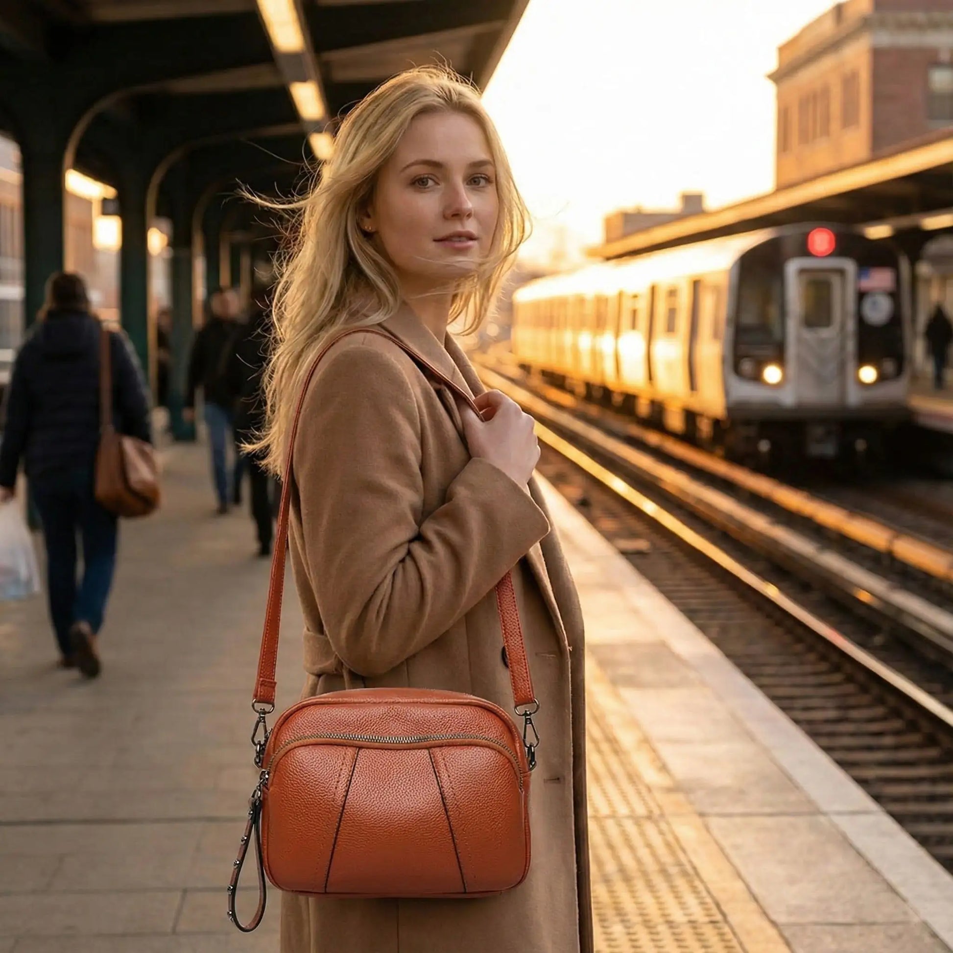 sacoche brune femme gare de train