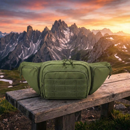 sacoche tactique sac banane robuste sur un banc en montagne