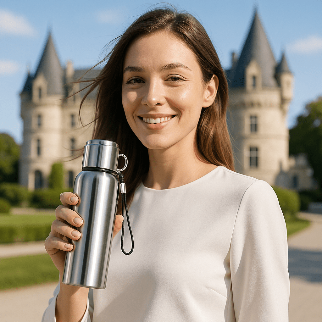 thermos café enfin chaud devant un château